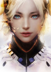 Rule 34 | 1girl, blonde hair, blue eyes, bodysuit, eyelashes, halo, headgear, lips, lipstick, looking at viewer, makeup, mechanical halo, mercy (overwatch), muju, nose, overwatch, overwatch 1, parted lips, photorealistic, portrait, realistic, solo, turtleneck