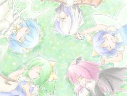 Rule 34 | 5girls, arms up, ascot, bat wings, blue hair, bow, character request, child, daiyousei, dress, fairy wings, frills, from above, gorz, grass, green hair, hair bow, hands on own chest, head wings, horns, juliet sleeves, koakuma, long hair, long sleeves, lying, multicolored hair, multiple girls, on back, on side, on stomach, open mouth, puffy short sleeves, puffy sleeves, rain fairy, red hair, short hair, short sleeves, short twintails, side ponytail, single wing, sleeping, sleeves past wrists, sunflower fairy (touhou), tokiko (touhou), touhou, twintails, two-tone hair, white dress, white hair, wings