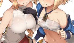 Rule 34 | 10s, 2girls, 3:, batsu, black gloves, blush, bracer, breasts, brown hair, clarisse (granblue fantasy), closed mouth, collarbone, djeeta (granblue fantasy), gloves, granblue fantasy, hand on own chest, head out of frame, jewelry, large breasts, long hair, medium breasts, midriff, multiple girls, navel, necklace, off shoulder, ribbed sweater, sarashi, shirt, short hair, skirt, sleeveless, sleeveless shirt, smile, sweat, sweater, turtleneck, very long hair