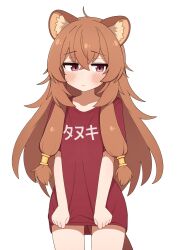 Rule 34 | 1girl, animal ear fluff, animal ears, blush, brown hair, commentary, furrowed brow, highres, long hair, looking to the side, mikoscrub, raccoon ears, raccoon girl, raccoon tail, raphtalia, red eyes, red shirt, shirt, shirt tug, simple background, solo, standing, tail, tate no yuusha no nariagari, thighs, translated, white background