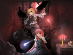 Rule 34 | 2girls, :d, alternate hair length, alternate hairstyle, black wings, blonde hair, blouse, book, candle, candlelight, candlestand, curtains, dark, ex-rumia, frilled sleeves, frills, koakuma, long hair, long sleeves, magic, multiple girls, night, open mouth, outstretched arms, red eyes, red hair, risutaru, rumia, shirt, skirt, smile, spread arms, torn clothes, torn skirt, touhou, vest, wings