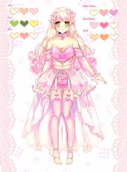 Rule 34 | 1girl, bare shoulders, barefoot, blonde hair, blush, breasts, choker, color guide, commentary, detached sleeves, dress, english commentary, flower, frilled choker, frills, full body, gradient hair, green eyes, hair flower, hair ornament, highres, indie virtual youtuber, linnea kataja, long hair, magical girl, mahou shoujo riri, medium breasts, multicolored hair, open hand, palette (object), pink dress, pink hair, second-party source, see-through, see-through sleeves, smile, solo, standing, thighhighs, very long hair, virtual youtuber, white lily