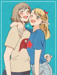 Rule 34 | 0mi dot, 2girls, arm around shoulder, blonde hair, blue shirt, blush, closed eyes, dungeon meshi, elf, falin touden, falin touden (tallman), green eyes, hair ribbon, heart, highres, long hair, looking at viewer, marcille donato, multiple girls, one eye closed, open mouth, pointy ears, ponytail, ribbon, shirt, short sleeves, simple background, t-shirt