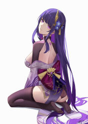 Rule 34 | absurdres, alternate hairstyle, ass, back tattoo, black panties, black thighhighs, blunt bangs, breasts, closed mouth, flower, from behind, full body, genshin impact, hair flower, hair ornament, head tilt, highres, japanese clothes, kimono, large breasts, long hair, looking at viewer, looking back, low neckline, median furrow, mole, mole under eye, no shoes, obi, obijime, off shoulder, panties, purple eyes, purple hair, purple kimono, qianchenyu77, raiden shogun, sash, seiza, shaft look, shrug (clothing), sidelocks, sitting, soles, tattoo, thighhighs, underwear, very long hair, white background