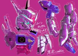 Rule 34 | absurdres, aqua eyes, artist name, clenched hand, gundam, highres, kuroiwa cookie, looking down, mecha, mobile suit, moon gundam, moon gundam (mobile suit), multiple views, no humans, pink background, robot, science fiction