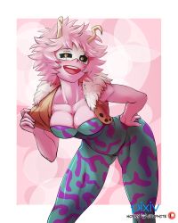 Rule 34 | 1girl, ashido mina, bare arms, black sclera, bodysuit, boku no hero academia, breasts, cleavage, collarbone, colored sclera, colored skin, commentary, english commentary, fur trim, hand on own hip, hand up, hanging breasts, horns, horny graphite, leaning forward, looking at viewer, mask, medium breasts, medium hair, open clothes, open mouth, open vest, orange eyes, patreon logo, patreon username, pink hair, pink skin, pixiv id, pulling own clothes, resolution mismatch, skin tight, smile, solo, source larger, standing, strapless, upper body, vest, vest pull, watermark
