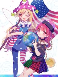 Rule 34 | 2girls, :q, ;d, absurdres, american flag dress, american flag legwear, blonde hair, blue legwear, blush, chain, clownpiece, collar, fairy wings, fang, frilled shirt collar, frills, hat, hecatia lapislazuli, highres, jester cap, long hair, looking at viewer, multiple girls, nail polish, nig 18, one eye closed, open mouth, pantyhose, polka dot, print legwear, print pantyhose, red eyes, red hair, red nails, shirt, short sleeves, skin fang, skirt, smile, star (symbol), striped, t-shirt, tongue, tongue out, touhou, very long hair, wings