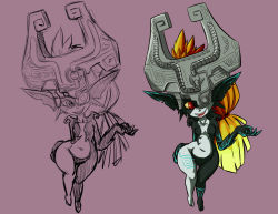 Rule 34 | 1girl, black skin, blonde hair, breasts, collarbone, colored sclera, colored skin, fangs, female focus, full body, gluteal fold, gradient hair, grey headwear, hair tie, hand on own hip, hand up, happy, helmet, long hair, looking to the side, midna, multicolored hair, multicolored skin, multiple views, navel, neon trim, nintendo, no nipples, notched ear, one eye covered, open mouth, orange hair, partially colored, plague of gripes, pointy ears, ponytail, purple background, red eyes, simple background, small breasts, smile, stomach, teeth, the legend of zelda, the legend of zelda: twilight princess, two-tone hair, two-tone skin, very long hair, white skin, wide hips, yellow sclera