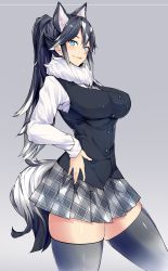 Rule 34 | 10s, 1girl, absurdres, animal ears, black hair, black thighhighs, black vest, blue eyes, blush, bonkiru, breasts, closed mouth, dog ears, dog tail, from side, fur collar, gradient background, grey background, grey wolf (kemono friends), hair between eyes, hand on own hip, head tilt, highres, kemono friends, large breasts, long hair, long sleeves, looking at viewer, multicolored hair, necktie, original, plaid, plaid necktie, plaid neckwear, plaid skirt, pleated skirt, ponytail, shirt, skindentation, skirt, smile, solo, tail, thighhighs, two-tone hair, very long hair, vest, white hair, white shirt