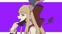 Rule 34 | 1girl, blonde hair, blouse, blunt bangs, bow, character name, cuffs, eyeshadow, film grain, from side, gourd, hair bow, halftone, highres, horn bow, horn ornament, horns, ibuki suika, letterboxed, long hair, looking at viewer, looking to the side, makeup, mask, mask pull, mouth mask, o (crazyoton46), open mouth, red bow, red eyes, red eyeshadow, shackles, sharp teeth, shirt, sidelocks, sleeveless, slit pupils, solo, teeth, touhou, upper teeth only, vampire (vocaloid), vocaloid, white shirt, wrist cuffs