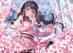 Rule 34 | 1girl, animal ears, bare shoulders, belt, black choker, black hair, blue eyes, breasts, brown thighhighs, cherry blossoms, choker, commentary request, cowboy shot, crop top, crop top overhang, fake animal ears, floating hair, food, fujima takuya, hairband, holding, jacket, long hair, long sleeves, looking at viewer, medium breasts, midriff, multicolored hair, off shoulder, open clothes, open jacket, open mouth, original, pink jacket, pink skirt, pink theme, plaid, plaid skirt, pleated skirt, pocky, rabbit ears, shirt, skirt, sleeveless, sleeveless shirt, solo, standing, streaked hair, thighhighs, two-tone hair, white shirt, zettai ryouiki