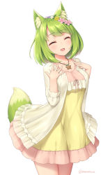 Rule 34 | 1girl, ^ ^, animal ear fluff, animal ears, closed eyes, cowboy shot, dress, fox ears, fox tail, green fox (sasaame), green hair, green tail, highres, jewelry, necklace, original, sasaame, short dress, short hair, smile, solo, star (symbol), star necklace, tail, twitter username, white background, yellow dress