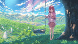 Rule 34 | 1girl, barefoot, brown eyes, brown hair, cloud, cloudy sky, day, drawing tablet, fateline alpha, full body, highres, landscape, long hair, looking at viewer, open mouth, planet, rin (shelter), scenery, shelter (song), sky, solo, standing, swing, tree, wide shot