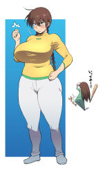 Rule 34 | 1girl, angry, ass, ball, baseball, baseball bat, blush, braid, breasts, brown eyes, brown hair, curvy, eyebrows, feet, full body, hip focus, huge breasts, legs, long sleeves, looking at viewer, momoe maria, ookiku furikabutte, pants, plump, serious, shoes, simple background, sound effects, standing, tetrodotoxin, thick thighs, thighs, twin braids, twintails, white footwear
