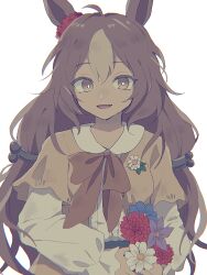 Rule 34 | 1girl, ahoge, animal ears, bad id, bad pixiv id, bow, bowtie, brown eyes, brown hair, collared shirt, flower, highres, holding, holding flower, horse ears, long hair, long sleeves, looking at viewer, open mouth, rjsn, shirt, simple background, smile, solo, umamusume, upper body, white background, white shirt, yamanin zephyr (umamusume)