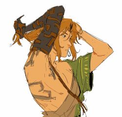 Rule 34 | 1boy, archaic set (zelda), chest tattoo, link, loose clothes, nintendo, pointy ears, soyochii, tattoo, the legend of zelda, the legend of zelda: tears of the kingdom, tying hair, very long ears, white background