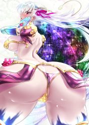 Rule 34 | 1girl, armor, ass, back, bare shoulders, bikini armor, breasts, butt crack, detached sleeves, earrings, fate/grand order, fate (series), from behind, hair ribbon, highres, huge ass, jewelry, kama (fate), large breasts, looking at viewer, looking down, open mouth, partially visible vulva, red eyes, ribbon, short hair, sideboob, silver hair, simple background, solo focus, uenoryoma, white background