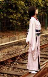 Rule 34 | chinese text, cosplay, japanese clothes, kara no kyoukai, katana, kimono, photo (medium), railroad tracks, ryougi shiki, ryougi shiki (cosplay), sword, weapon
