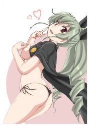 Rule 34 | 10s, 1girl, :d, anchovy (girls und panzer), arched back, areola slip, ass, black panties, black ribbon, border, breasts, butt crack, cape, covering nipples, covering privates, cowboy shot, drill hair, eyebrows, finger to cheek, flat ass, from side, girls und panzer, green hair, hair between eyes, hair ribbon, hand on breast, heart, highres, long hair, looking at viewer, open mouth, panties, red background, red eyes, ribbon, side-tie panties, smile, solo, topless, twin drills, twintails, two-tone background, underwear, wan&#039;yan aguda, white background, white border