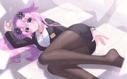 Rule 34 | 1girl, :q, \n/, adult neptune, artist name, ass, binato lulu, black jacket, black skirt, blush, breasts, brown pantyhose, closed mouth, commentary request, d-pad, d-pad hair ornament, feet, fine fabric emphasis, foot out of frame, formal, hair between eyes, hair ornament, indoors, jacket, jewelry, knees together feet apart, large breasts, legs, long hair, long sleeves, looking at viewer, lying, messy, necklace, neptune (series), no shoes, on side, pantyhose, paper, pencil skirt, pink hair, purple eyes, shirt, signature, skirt, smile, solo, suit, thighs, tongue, tongue out, twitter suki, very long hair, white shirt