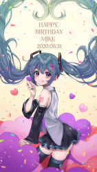 Rule 34 | 1girl, :p, absurdres, alternate eye color, black skirt, black thighhighs, blue hair, character name, commentary request, dated, detached sleeves, gradient background, hair ornament, hairclip, happy birthday, hatsune miku, heart, heart hair, heart hair ornament, highres, katou kuroko, long hair, looking at viewer, nail polish, purple eyes, purple nails, skirt, solo, thighhighs, thighs, tongue, tongue out, twintails, very long hair, vocaloid, yellow background, zettai ryouiki