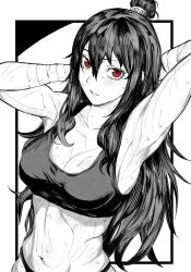 Rule 34 | 1girl, abs, arm wrap, armpits, arms behind head, arms up, bare shoulders, black border, black bra, black hair, black panties, blush, border, bra, breasts, cleavage, collarbone, commentary, english commentary, greyscale, hair between eyes, highres, library of ruina, long hair, looking at viewer, medium breasts, midriff, monochrome, muscular, muscular female, navel, nb8c, open mouth, outside border, panties, parted lips, project moon, red eyes, sidelocks, simple background, solo, sports bra, spot color, stomach, sweat, toned, underwear, upper body, very long hair, white background, xiao (project moon)