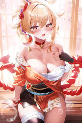 Rule 34 | 1girl, absurdres, bare shoulders, black gloves, blonde hair, blush, breasts, choker, cleavage, collarbone, commentary request, fantongjun, fingerless gloves, genshin impact, gloves, hair ornament, hand on own chest, highres, japanese clothes, large breasts, looking at viewer, off shoulder, open mouth, orange eyes, red choker, single thighhigh, sitting, solo, thighhighs, thighs, wet, yoimiya (genshin impact)