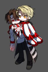 Rule 34 | 2boys, armor, black coat, black footwear, black pants, blonde hair, blood, blood from mouth, brown hair, carrying, carrying person, closed mouth, coat, commentary request, e.g.o (project moon), earclip, employee (project moon), grey background, jacket, knee pads, lobotomy corporation, long sleeves, male focus, multiple boys, necktie, open clothes, open coat, pants, project moon, red eyes, red necktie, shirt, shoes, short hair, shot (urem), shoulder armor, simple background, smile, sweat, turn pale, white footwear, white jacket, white pants, white shirt, yellow eyes