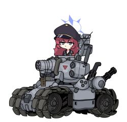 1girl black_hat blue_archive chibi grey_eyes halo hat highres hrna iroha_(blue_archive) long_hair looking_at_viewer metal_slug military_vehicle motor_vehicle peaked_cap red_hair simple_background solo sv001_(metal_slug) tank white_background