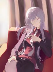 Rule 34 | 1girl, absurdres, ak-12 (girls&#039; frontline), ak-12 (lucia) (girls&#039; frontline), armchair, between fingers, black jacket, black pants, chair, cigar, closed mouth, collared shirt, commentary, dress shirt, formal, girls&#039; frontline, grey hair, hand up, highres, holding, holding cigar, indoors, jacket, long hair, looking at viewer, on chair, open clothes, open jacket, pant suit, pants, pink eyes, podel 1, red shirt, shirt, smile, solo, suit, very long hair