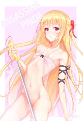 Rule 34 | 1girl, arm ribbon, artist name, assassins pride, bad id, bad pixiv id, bad proportions, black ribbon, blonde hair, blush, bow, braid, breasts, copyright name, flat chest, frown, hair bow, highres, holding, holding sword, holding weapon, lgmt, long hair, looking at viewer, merida angel, navel, pink ribbon, red bow, red eyes, ribbon, small breasts, solo, standing, sword, weapon