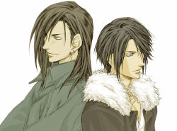 Rule 34 | 1990s (style), 2boys, age difference, black hair, brown hair, earrings, father and son, final fantasy, final fantasy viii, fur trim, jacket, jewelry, laguna loire, male focus, multiple boys, nishi (wweesstt), retro artstyle, scar, single earring, spoilers, squall leonhart, white background