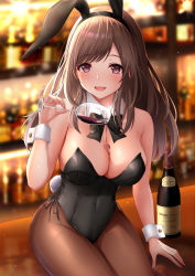Rule 34 | 1girl, :d, alcohol, animal ears, backlighting, bar (place), bare shoulders, black bow, black bowtie, black ribbon, blurry, blurry background, blush, bottle, bow, bowtie, breasts, brown hair, brown pantyhose, cleavage, commentary request, cup, depth of field, detached collar, drinking glass, fake animal ears, fake tail, fingernails, glint, highres, holding, holding cup, idolmaster, idolmaster shiny colors, indoors, large breasts, leotard, long hair, monaka curl, open mouth, pantyhose, playboy bunny, purple eyes, rabbit ears, rabbit tail, ribbon, side-tie leotard, sitting, smile, solo, strapless, strapless leotard, tail, teasing, tsukioka kogane, wine, wine bottle, wine glass, wrist cuffs
