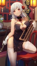 Rule 34 | 1girl, abacus, bare arms, bare shoulders, black dress, breasts, center opening, chair, china dress, chinese clothes, cleavage, dress, earrings, flower, girl cafe gun, gloves, gold trim, hair flower, hair ornament, highres, holding, indoors, jewelry, kiseru, lantern, large breasts, lida romero, long hair, looking at viewer, official art, pelvic curtain, red eyes, rose, sleeveless, sleeveless dress, smile, smoking pipe, solo, super zombie, thighhighs, thighs, white gloves, white hair, white thighhighs