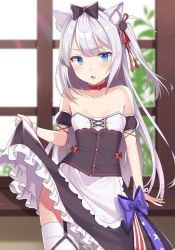 Rule 34 | 1girl, animal ears, azur lane, bad id, bad twitter id, bare shoulders, black bow, blue eyes, blush, bow, cat ears, cat girl, collarbone, colored eyelashes, cowboy shot, day, garter straps, grey hair, hair ribbon, hairband, hammann (azur lane), indoors, izumo neru, long hair, looking at viewer, maid, parted lips, red ribbon, ribbon, solo, standing, thighhighs, very long hair, white thighhighs
