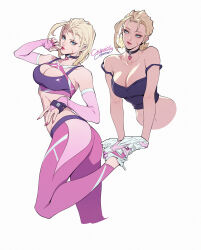 Rule 34 | 1girl, ahoge, alternate costume, ass, bare shoulders, blonde hair, blue eyes, breasts, cammy white, character name, citemer, cleavage, closed mouth, collar, collarbone, commentary, crop top, fingernails, full body, highres, large breasts, looking at viewer, looking to the side, multiple views, navel, pink lips, pink nails, scar, scar on face, short hair, simple background, standing, standing on one leg, stomach, street fighter, thighs, upper body, white background, white footwear