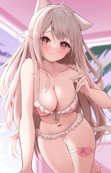Rule 34 | 1girl, absurdres, ahoge, all fours, animal ears, balut (7676i), bare arms, bare shoulders, bikini, bikini pull, blurry, blurry background, blush, bow, breasts, brown hair, cat ears, cat girl, cat tail, cleavage, closed mouth, clothes pull, collarbone, commentary request, commission, ear down, eyelashes, frilled bikini, frills, front-tie bikini top, front-tie top, furrowed brow, gluteal fold, hair between eyes, hair ornament, half updo, hand up, head tilt, highres, indie virtual youtuber, large breasts, leaning forward, light brown hair, long hair, looking at viewer, navel, palm tree, pink bikini, pink bow, pom pom (clothes), pom pom hair ornament, pulling own clothes, purple sky, red eyes, skeb commission, sky, smile, solo, strap pull, string bikini, striped bikini, striped clothes, swimsuit, tail, thigh bow, thigh gap, thigh strap, tree, uise iu, very long hair, virtual youtuber, white stripes