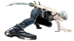 Rule 34 | 1girl, absurdres, black footwear, black tank top, chainsaw man, eyepatch, foreshortening, highres, holding, holding sword, holding weapon, katana, long hair, looking to the side, ponytail, quanxi (chainsaw man), sasaki (sssaaakiki), simple background, solo, squatting, sword, tank top, weapon, white background, white hair