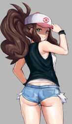 Rule 34 | 1girl, absurdres, ass, awesomeerix, back, bare shoulders, baseball cap, black vest, blue eyes, blush, breasts, brown hair, creatures (company), denim, denim shorts, game freak, hat, high ponytail, highres, hilda (pokemon), long hair, looking at viewer, looking back, medium breasts, nintendo, pokemon, pokemon bw, shorts, sidelocks, smile, solo, tank top, thighs, vest, white tank top, wristband
