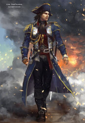 Rule 34 | 1boy, aristocratic clothes, artist name, ascot, assassin&#039;s creed: rogue, assassin&#039;s creed (series), belt, bicorne, black ascot, black footwear, black hair, black pants, blue coat, blue hat, boots, coat, commentary, embers, english commentary, epaulettes, facing viewer, hat, long coat, looking to the side, official alternate costume, outdoors, pants, royal navy, shay patrick cormac, smoke, solo, sunsetagain, sword, watermark, weapon