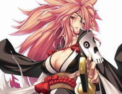 Rule 34 | 1girl, baiken, big hair, breasts, cleavage, eyepatch, goggles, guilty gear, guilty gear xrd, katana, large breasts, long hair, looking at viewer, parted lips, pink hair, red eyes, rope, shiny skin, simple background, solo, sword, takanashi-a, weapon, white background