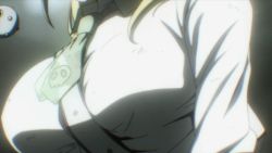 Rule 34 | 1girl, animated, animated gif, blonde hair, blush, bomb, bouncing breasts, breasts, btooom!, closed eyes, clothes, explosive, hair between eyes, himiko (btooom!), large breasts, lowres, necktie, solo