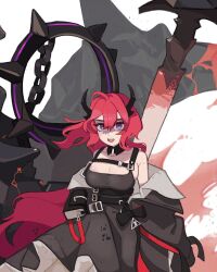 Rule 34 | 1girl, arknights, bare shoulders, bbizim03, black dress, black jacket, breasts, chain, chest strap, cleavage, dress, hair between eyes, highres, horns, jacket, large breasts, long hair, looking at viewer, off shoulder, open clothes, open jacket, open mouth, purple eyes, red hair, simple background, solo, surtr (arknights), sword, very long hair, weapon, white background