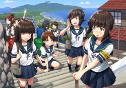 Rule 34 | 1other, 6+girls, armband, ass grab, ayanami (kancolle), bag, black hair, blue sky, blunt bangs, blush, breasts, brown eyes, brown hair, building, carrying, closed eyes, cloud, collarbone, commentary request, day, drum (container), fubuki (kancolle), grabbing another&#039;s ass, green eyes, grin, groping, hair ornament, hatsuyuki (kancolle), highres, house, ichikawa feesu, isonami (kancolle), kantai collection, kneehighs, long hair, looking at another, looking at viewer, low ponytail, miyuki (kancolle), mountain, mouth hold, multiple girls, neckerchief, ocean, open mouth, out of frame, outdoors, pleated skirt, ponytail, revision, ribbon, sailor collar, scenery, school uniform, serafuku, shikinami (kancolle), shirayuki (kancolle), shoes, short hair, short ponytail, shoulder bag, side ponytail, sidelocks, skirt, sky, small breasts, smile, socks, stairs, sweatdrop, translated, twintails, uranami (kancolle), whistle, whistle around neck