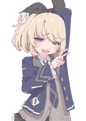 Rule 34 | 1girl, arm behind head, black hairband, black ribbon, blazer, blonde hair, blue jacket, blue necktie, blush, bow hairband, buttons, character request, commentary request, dated, hair ribbon, hairband, half-closed eyes, highres, jacket, necktie, open clothes, open jacket, open mouth, phantasy star, phantasy star online 2, ribbon, samansa ex, school uniform, short hair, simple background, solo, white background