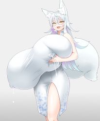 Rule 34 | 1girl, animal ears, breast hold, breasts, covered erect nipples, fangs, fox ears, fox girl, fox tail, futon7979, gigantic breasts, glasses, grey background, highres, lactation, lactation through clothes, looking at viewer, open mouth, tail, white hair, yellow eyes