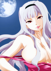Rule 34 | 10s, 1girl, bare shoulders, blunt bangs, breasts, censored, cleavage, convenient censoring, fang, female focus, full moon, grin, hair censor, hair over breasts, hairband, head tilt, idolmaster, idolmaster (classic), idolmaster 2, large breasts, lips, long hair, moon, night, off shoulder, outdoors, red eyes, sakayama shinta, shijou takane, silver hair, sky, smile, solo