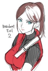 Rule 34 | 1girl, blue eyes, breasts, brown hair, claire redfield, copyright name, highres, large breasts, looking at viewer, parted bangs, ponytail, resident evil, resident evil 2, simple background, sketch, solo, tetsu (kimuchi), upper body, white background