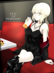 Rule 34 | 1girl, absurdres, artoria pendragon (all), artoria pendragon (fate), black footwear, black jacket, black ribbon, black shirt, black shorts, boots, breasts, can, cleavage, clothes down, collarbone, copyright name, drinking, drinking straw, fate/grand order, fate/stay night, fate (series), hair between eyes, hair ribbon, highres, holding, holding can, indoors, jacket, jewelry, long hair, long sleeves, medium breasts, necklace, official alternate costume, open clothes, open jacket, ponytail, ribbon, saber alter, saber alter (ver. shinjuku 1999) (fate), shi ma86, shirt, short shorts, shorts, silver hair, sitting, sleeveless, sleeveless shirt, solo, spaghetti strap, thigh boots, thighhighs, yellow eyes