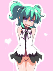 Rule 34 | 1girl, :d, arms behind back, bow, bowtie, female focus, green hair, heart, no panties, no pussy, open mouth, original, skirt, smile, solo, standing, twintails, urarisu